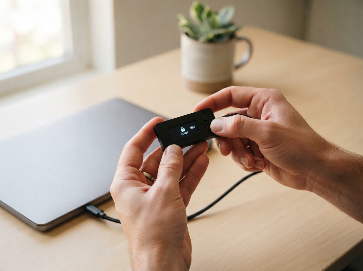 Hands preparing a hardware wallet beside a computer