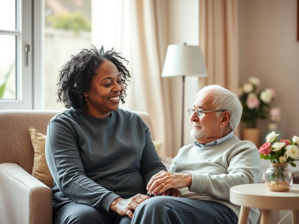 Create a realistic high-resolution photo capturing a heartfelt moment in homecare, titled "Transforming Homecare: A New Era." The composition should be simple and focused, featuring a single subject: a compassionate caregiver gently assisting an elderly individual with warm, inviting expressions. 

The caregiver, a middle-aged woman of diverse descent, is assisting an elderly man seated comfortably in a well-lit and cozy living room setting. The background should feature soft-toned furniture, such as a plush armchair and a small side table adorned with a vase of fresh flowers, creating a nurturing atmosphere. 

Natural light should stream through a window, casting a soft glow that enhances the warmth of the scene. The overall ambiance should evoke feelings of comfort, trust, and companionship, showcasing how Lilac Heart Homecare Ltd is reshaping the care industry by emphasizing genuine connections and personalized care. The color palette should harmonize with soft tones, ensuring that the image aligns with the soothing essence of homecare. Avoid any text or abstract shapes in the image, maintaining a clear focus on the tender interaction between caregiver and recipient.