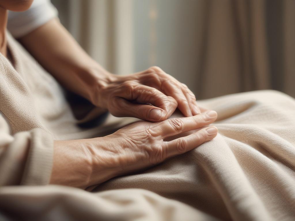 a serene and gentle scene depicting a caregiver gently holding the hand of an elderly person in a cozy room, soft lighting creating a warm atmosphere, with soft-toned decor, and a peaceful background that conveys comfort and care