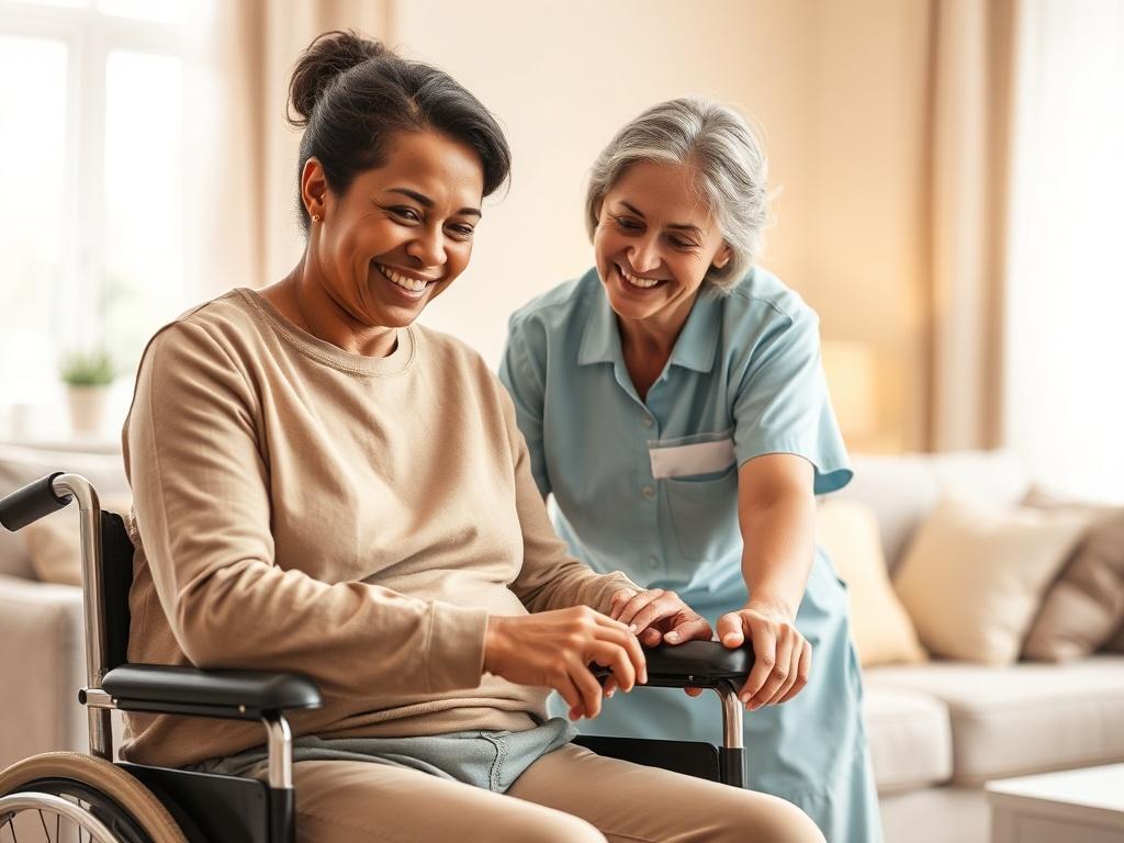 Create a realistic high-resolution photo that reflects the essence of the blog titled "Understanding Safeguarding in Homecare." The image should feature a compassionate homecare worker, a middle-aged woman of diverse ethnicity, smiling warmly while gently assisting an elderly man in his wheelchair. The scene should capture a moment of care and connection, emphasizing the importance of safeguarding vulnerable individuals.

The background should be softly lit, filled with neutral, warm tones to create a peaceful and comforting atmosphere. Include details like a homey living room setting with soft furnishings, such as a cozy sofa and warm lighting from a nearby window, to evoke a sense of security and comfort. The composition should be simple and clear, focusing solely on the interaction between the care worker and the elderly man, ensuring that they are the central subjects of the image.

Overall, the image should convey a message of trust, compassion, and the crucial role of safeguarding in homecare services, illustrating a positive and caring environment.