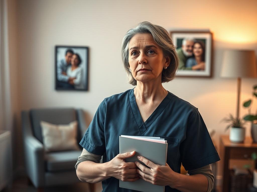 Create a realistic high-resolution photo illustrating the concept of whistleblowing in care services. The focal point of the image should be a middle-aged female caregiver, looking concerned yet determined, standing in a softly lit, warm-toned office space. She should be holding a folder or a document close to her chest, symbolizing the sensitive nature of her information. In the background, include subtle hints of a care environment, such as a cozy living room setting with a comfortable armchair and a few care-related items like a framed photo of a smiling elderly couple on the wall, or a simple plant in the corner, emphasizing the compassionate aspect of care services.

The lighting should be gentle and inviting, creating a peaceful atmosphere that contrasts the weight of the topic. The caregiver's expression should convey a blend of empathy and resolve, reflecting her role as an advocate for ethical practice in the care industry. Overall, the composition should be simple and clear, ensuring the viewer's focus remains on the caregiver’s powerful stance on whistleblowing, symbolizing the importance of addressing issues within care services.