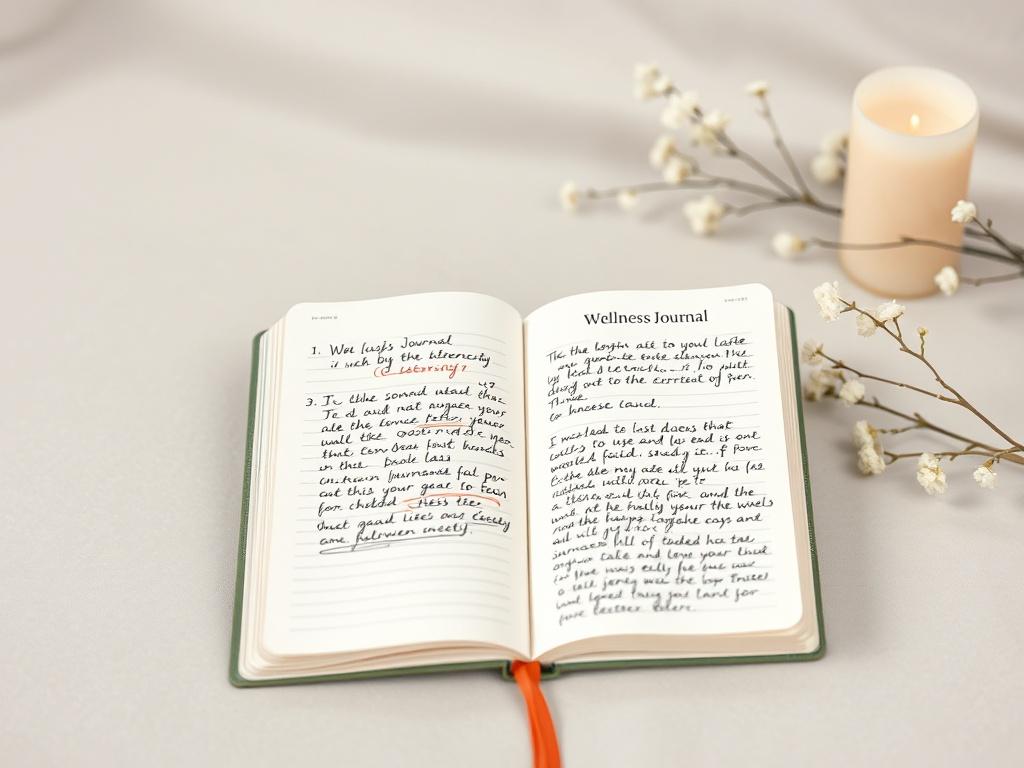 A realistic high-resolution photo of the Wellness Journal, open on a peaceful surface, showcasing handwritten entries and a calming background that inspires reflection and creativity.
