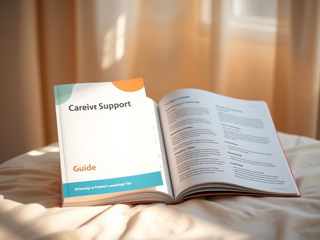 A realistic high-resolution photo of the Caregiver Support Guide, displayed on a soft-toned surface with a warm ambiance, showing the cover design and a few open pages illustrating practical caregiving tips.