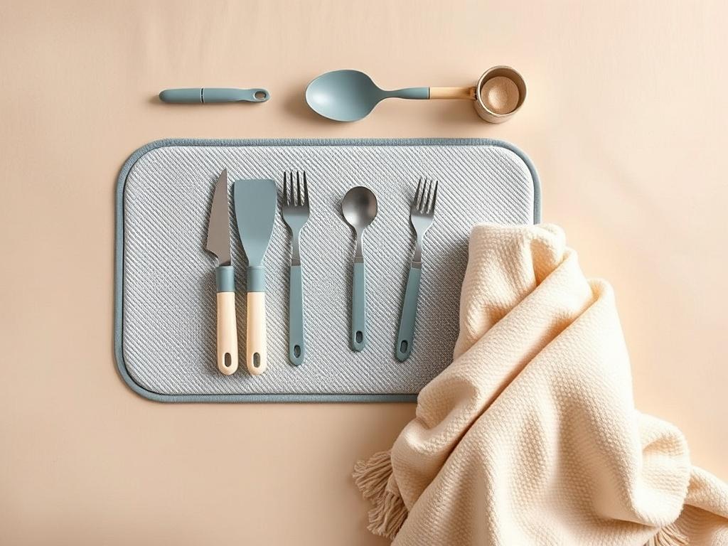 A realistic high-resolution photo of a well-organized Homecare Essentials Kit, featuring a non-slip mat, ergonomic utensils, and a cozy throw blanket, arranged neatly on a soft-toned background that conveys comfort and safety.