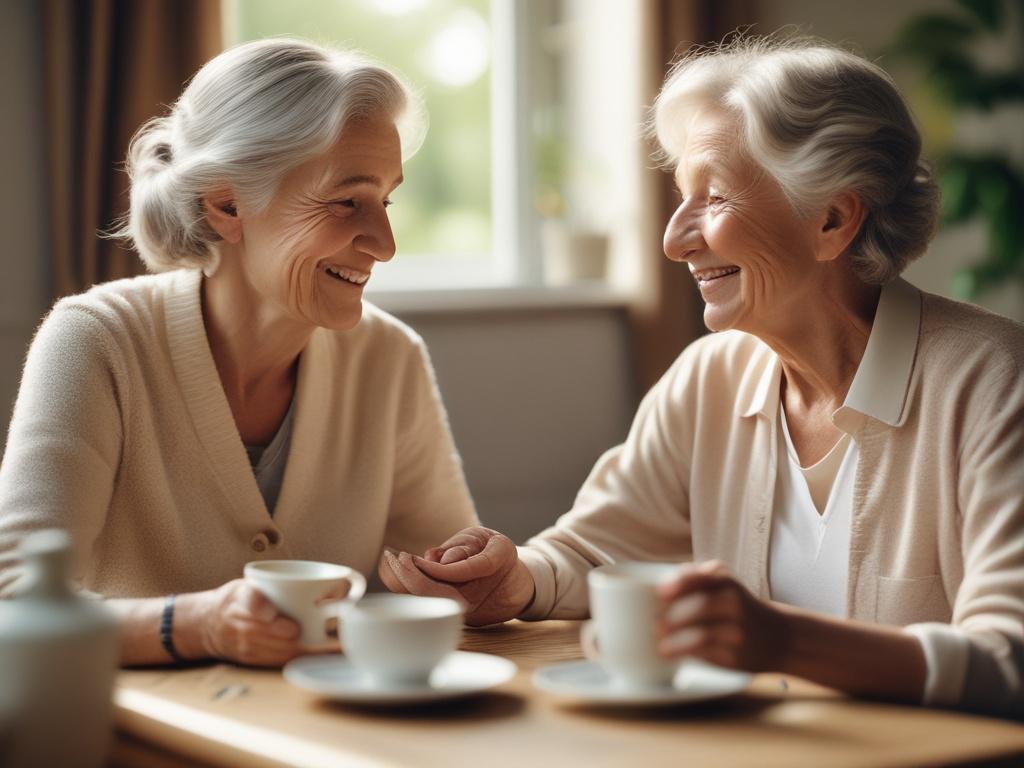 A caregiver and an elderly person sharing a joyful conversation