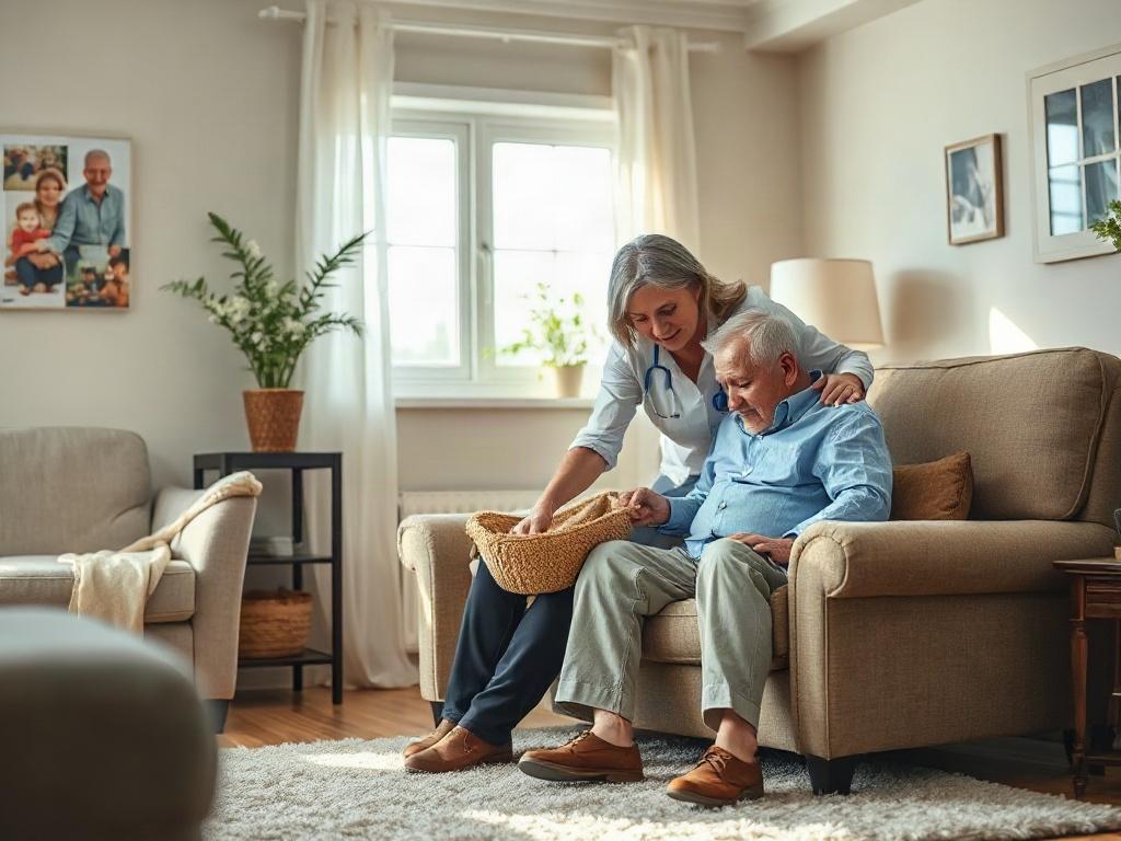 A warm and inviting scene of a caregiver gently assisting an elderly individual in a cozy living room. The caregiver, a middle-aged woman with a kind expression, is helping the elderly person, a man with gray hair, to sit comfortably in an armchair. Soft natural lighting filters through a window, creating a peaceful atmosphere. The background features family photos on the wall and a soft rug on the floor, enhancing the feeling of home and care.