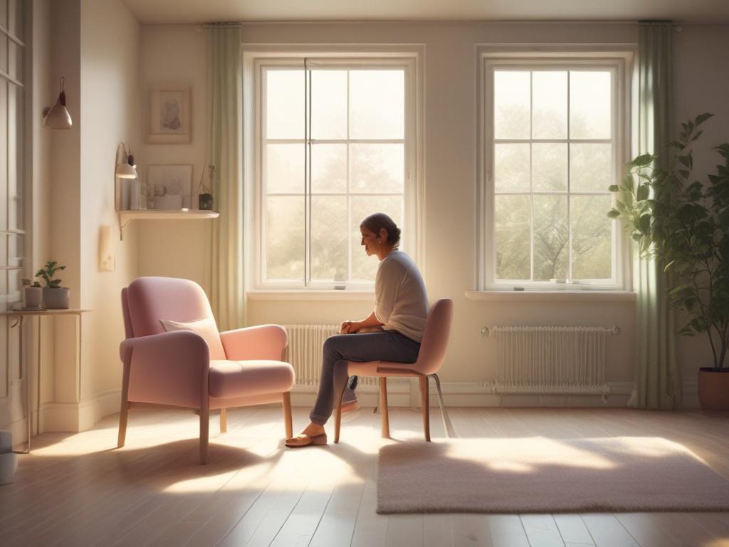 a serene and inviting indoor space with soft lighting, a single person sitting comfortably in a cozy chair, engaged in a warm conversation with a friendly caregiver, soft pastel colors enhancing the peaceful atmosphere, no distractions in the background