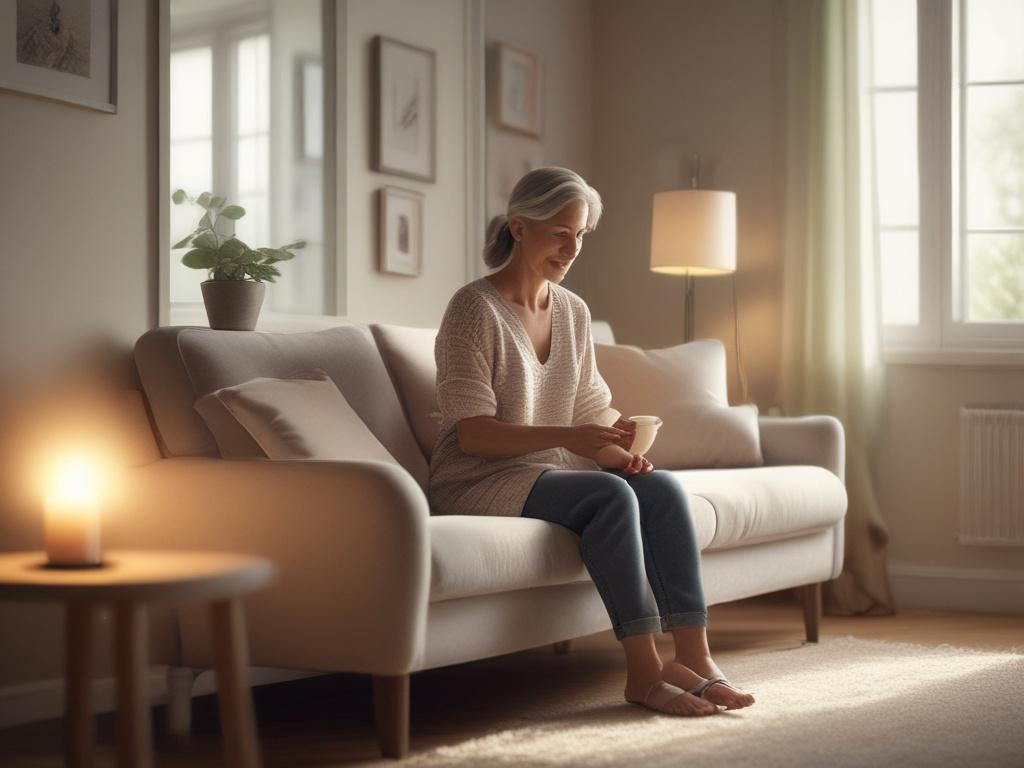 A serene home environment with a single caregiver gently dusting a shelf in a well-lit living room. Soft tones and gentle lighting create a peaceful atmosphere, emphasizing cleanliness and comfort. The caregiver is focused and attentive, surrounded by warm, inviting decor.
