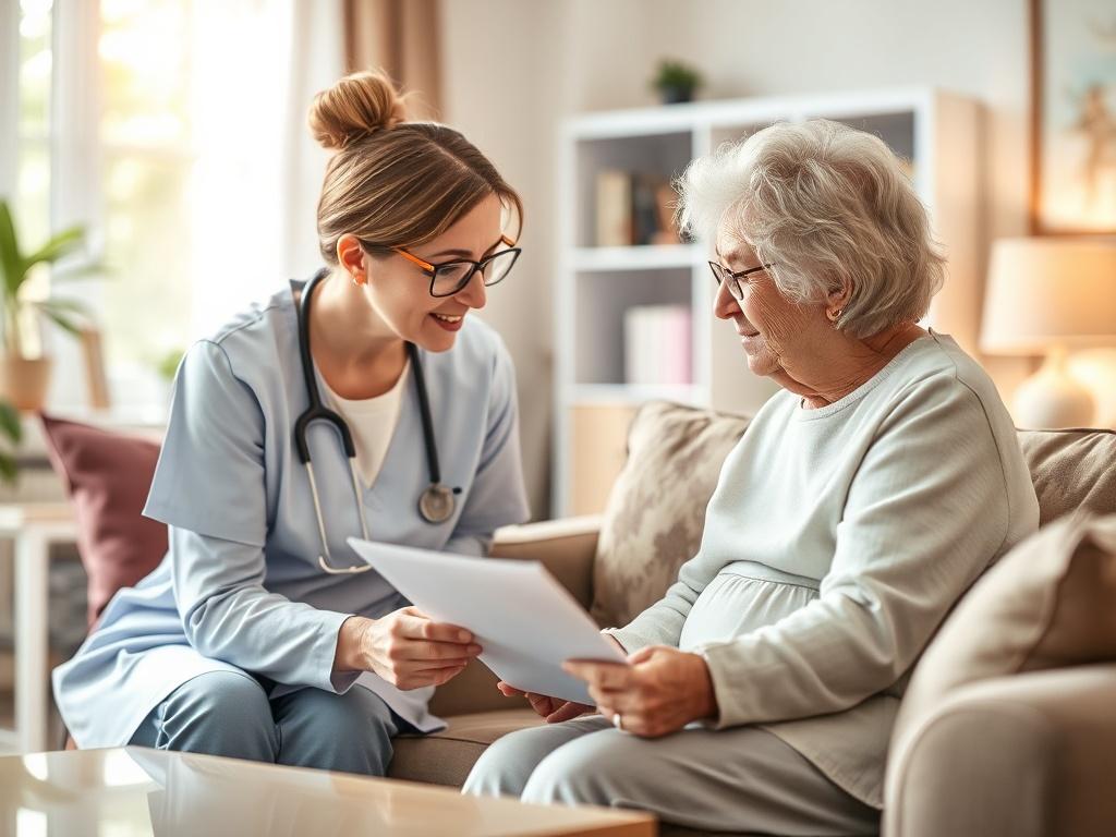 A serene image of a caregiver and an elderly individual discussing a personalized care plan together in a cozy, well-lit room. The background features soft lighting, warm colors, and comfortable furniture, creating a peaceful atmosphere.