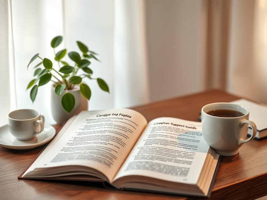 A calming image of an open Caregiver Support Guide on a desk, surrounded by a cup of tea and a plant. The background is softly lit, creating a comforting and inviting atmosphere, perfect for learning and reflection.