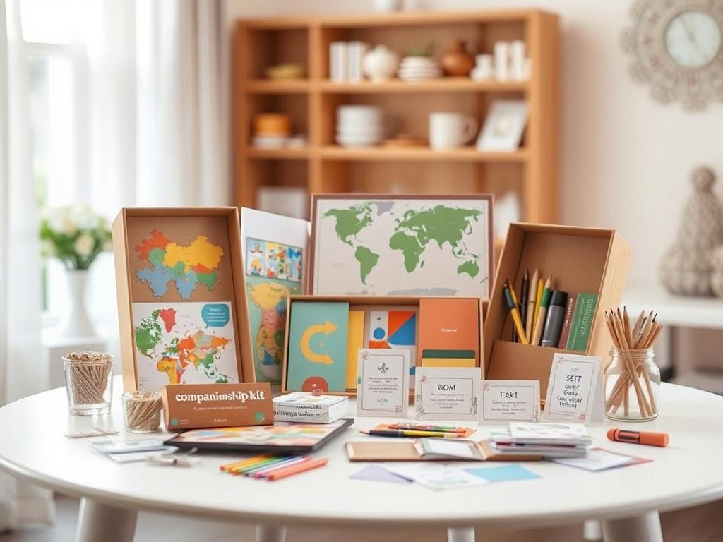 A high-resolution image of a companionship kit displayed on a table, showcasing colorful puzzles, art supplies, and conversation cards. The setting is a bright, inviting space with soft lighting, emphasizing warmth and connection.