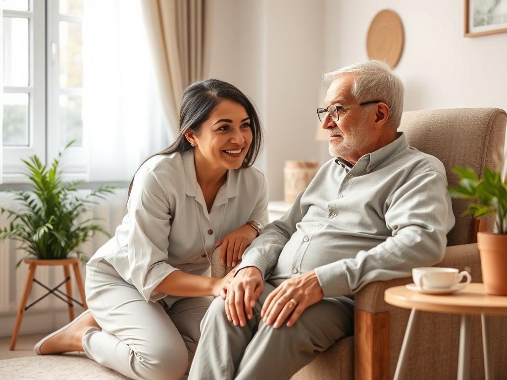 Create a realistic high-resolution image that captures the essence of the blog titled "Revolutionizing Homecare Services." Focus on a compassionate caregiver interacting with an elderly person in a cozy home environment. The caregiver, a middle-aged woman of diverse descent, should be kneeling beside a comfortable armchair, offering a warm smile and genuine attention to the elderly individual. The elderly person, a man with white hair and glasses, should appear relaxed and engaged, showcasing a sense of comfort and trust.

The background should feature soft, soothing tones, perhaps incorporating elements like light-colored walls, gentle lighting from a nearby window, and tasteful decorations that evoke a sense of warmth and safety. Include a small table next to the armchair with a few personal items like a book and a cup of tea to suggest a nurturing environment. The overall composition should be simple and clear, emphasizing the connection and care between the two subjects, reflecting how Lilac Heart Homecare Ltd. is transforming care for the better. Aim to evoke feelings of warmth, compassion, and trust in the viewer.
