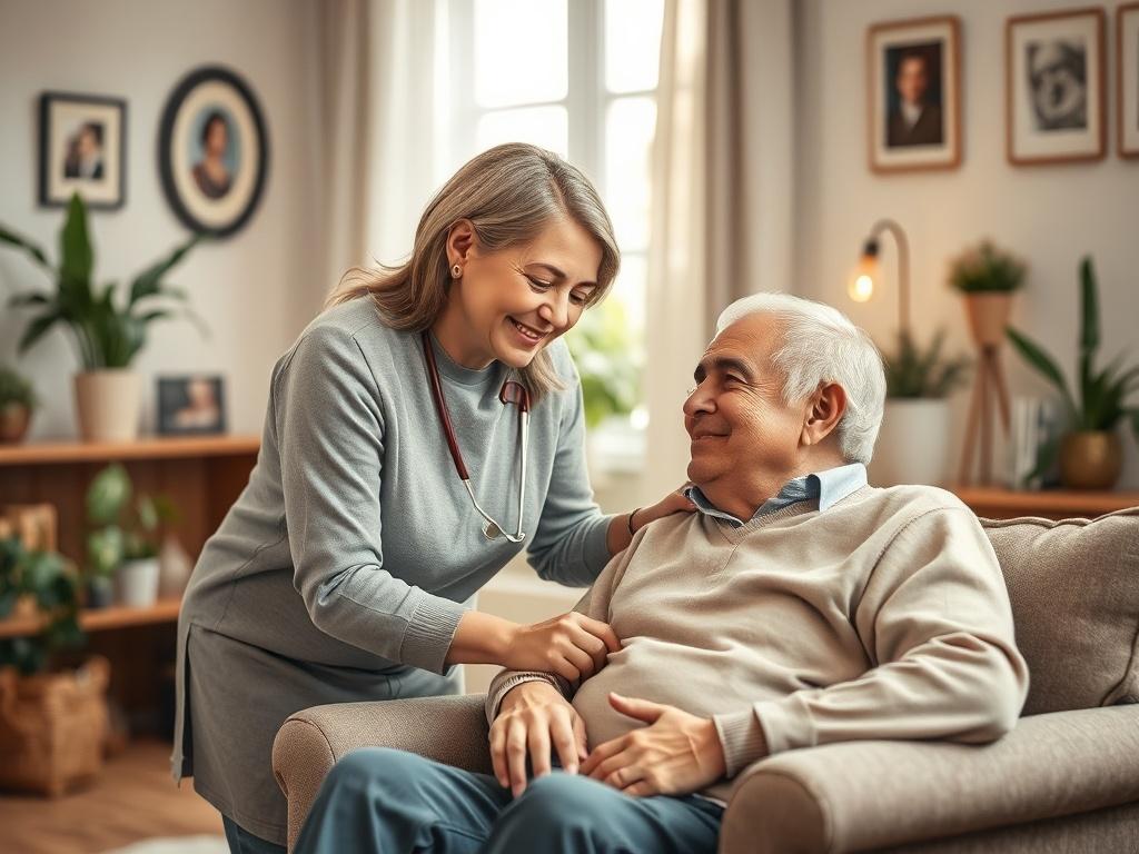 **AI Image Generation Prompt:**

Create a realistic high-resolution photo that embodies the theme of "Transforming Homecare: The Future of Care Services." The image should feature a compassionate caregiver assisting an elderly person in a cozy, well-lit living room. The caregiver, a middle-aged woman with a warm smile, is helping the elderly individual, a man with a gentle expression, as he sits comfortably in an armchair. 

The background should be softly illuminated with natural light streaming through a window, showcasing subtle and inviting elements of a home, such as houseplants and family pictures on the walls. The overall atmosphere should be peaceful and nurturing, conveying a sense of comfort and security.

Composition should be simple and clear, with just the caregiver and the elderly man as the central focus, emphasizing the connection and care between them. The color palette should feature soft tones, with hues complementing the primary color of rgb(224, 66, 252) to resonate with the essence of homecare transformation.