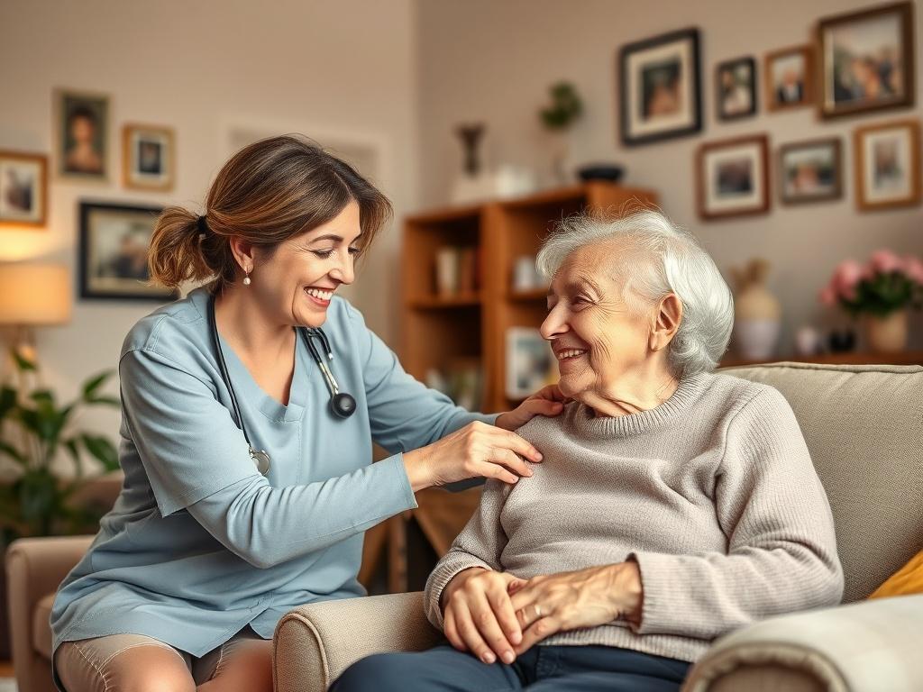 A warm and inviting homecare setting with a caregiver gently assisting an elderly person in a cozy living room. The scene should convey a sense of compassion and care, featuring soft lighting and calming colors. The caregiver should be smiling and engaged with the elderly person, who appears comfortable and content. Include elements like comfortable furniture, family photos on the wall, and a peaceful atmosphere that reflects warmth and trust.