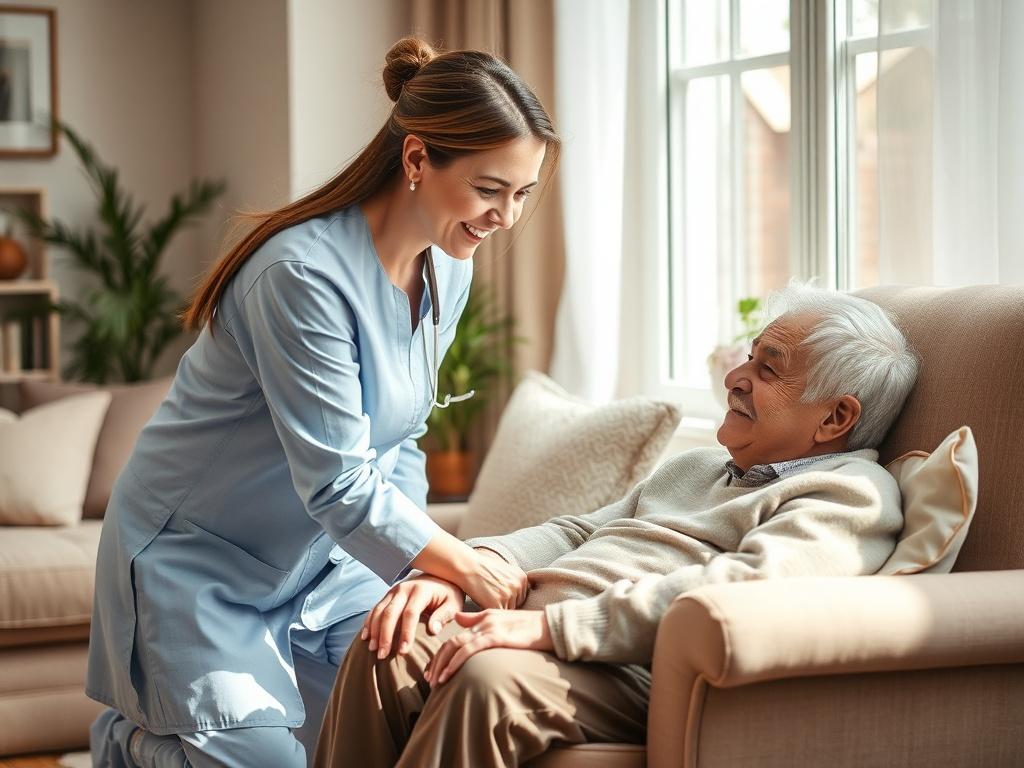 Create a realistic high-resolution image that captures the essence of the blog titled “Embracing Change in Homecare.” The composition should be simple and clear, featuring a single subject: a compassionate caregiver interacting with an elderly person in a warm and inviting home environment. The caregiver, a middle-aged woman with a gentle smile, should be kneeling beside the elderly person, offering assistance and comfort. 

The elderly person, a man with silver hair and a look of appreciation, should be seated comfortably in a cozy chair, surrounded by soft, natural light streaming in through a nearby window. The background should include elements of a peaceful living room, such as soft cushions, plants, and tasteful decor, without distracting from the main subjects.

The color palette should incorporate soft tones that evoke warmth and serenity, harmonizing with the primary color rgb(224, 66, 252) of Lilac Heart Homecare Ltd. Capture the atmosphere of care and connection, reflecting how Lilac Heart Homecare Ltd is revolutionizing the care industry by fostering compassionate relationships in homecare settings.