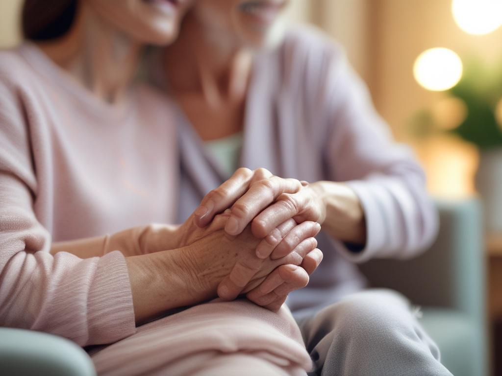 A compassionate caregiver gently holding the hand of an elderly person with a kind smile, surrounded by a warm, softly lit living room with pastel colors, emphasizing a peaceful atmosphere.