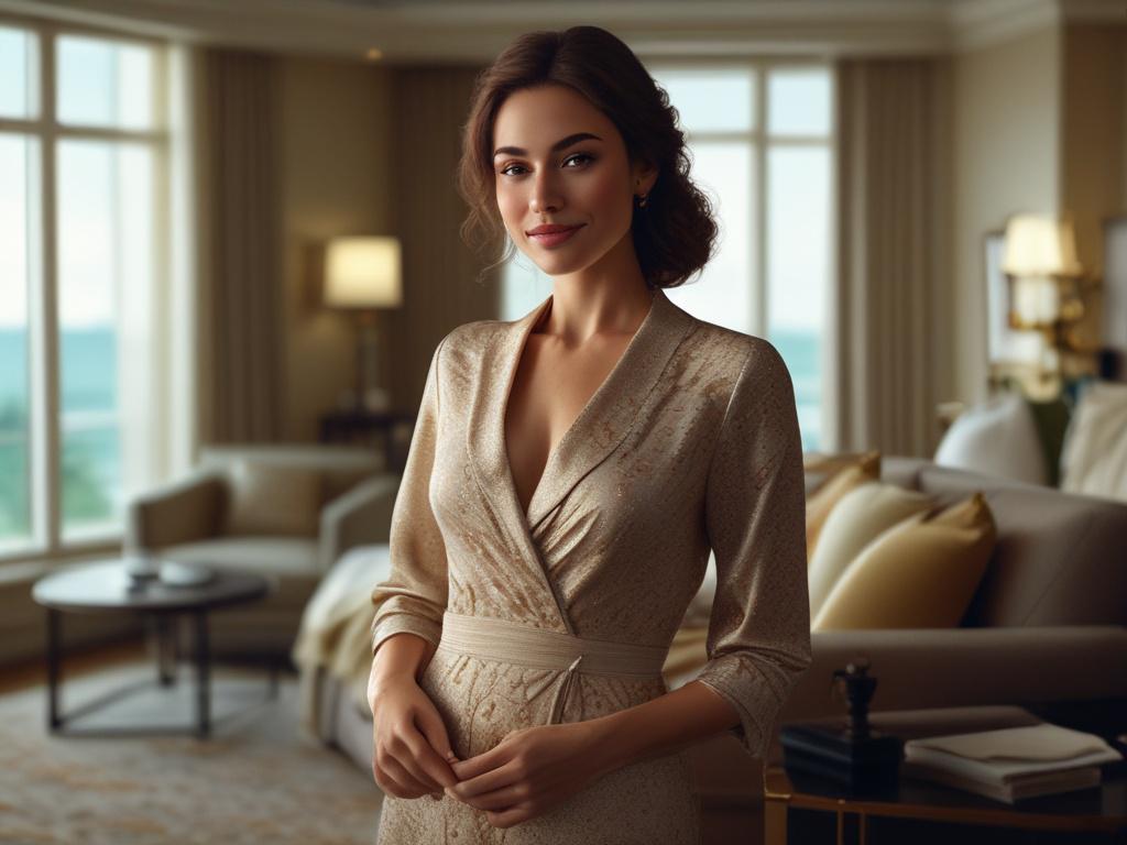 A stunningly beautiful woman in elegant attire, exuding confidence and
