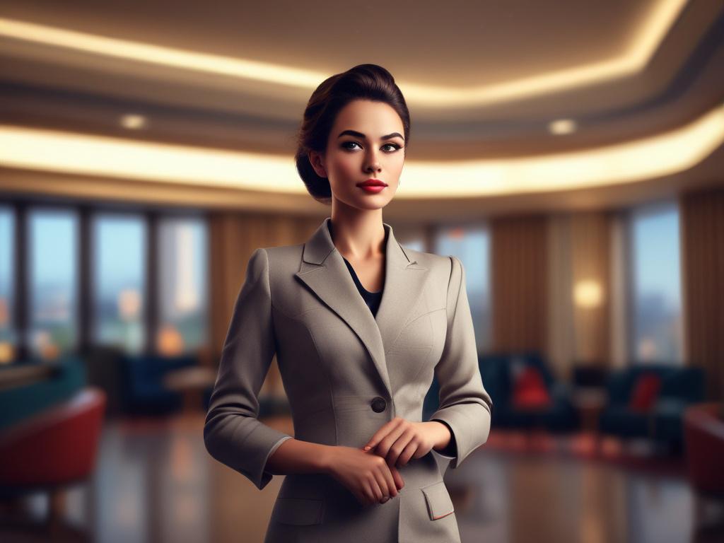 A graceful air hostess in a stylish outfit, standing in