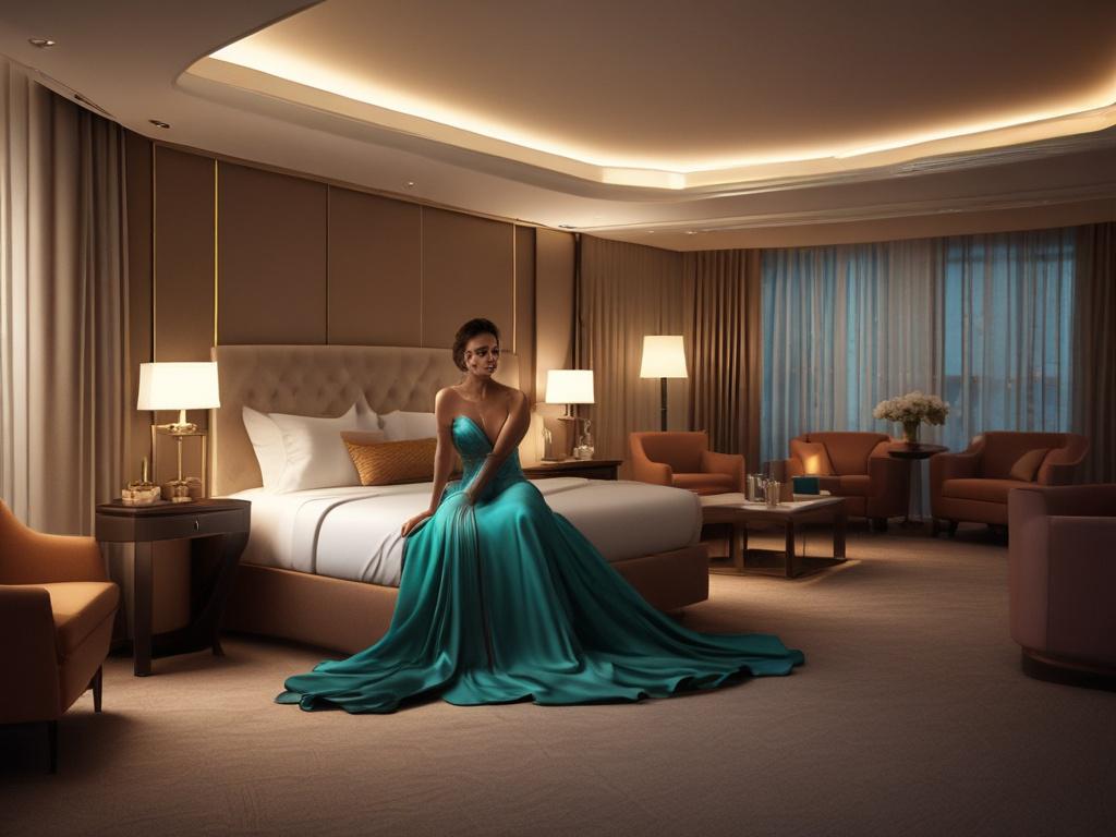 A stunning escort in an elegant evening dress, smiling seductively
