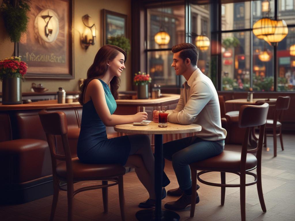A charming escort seated at a cozy café table, laughing