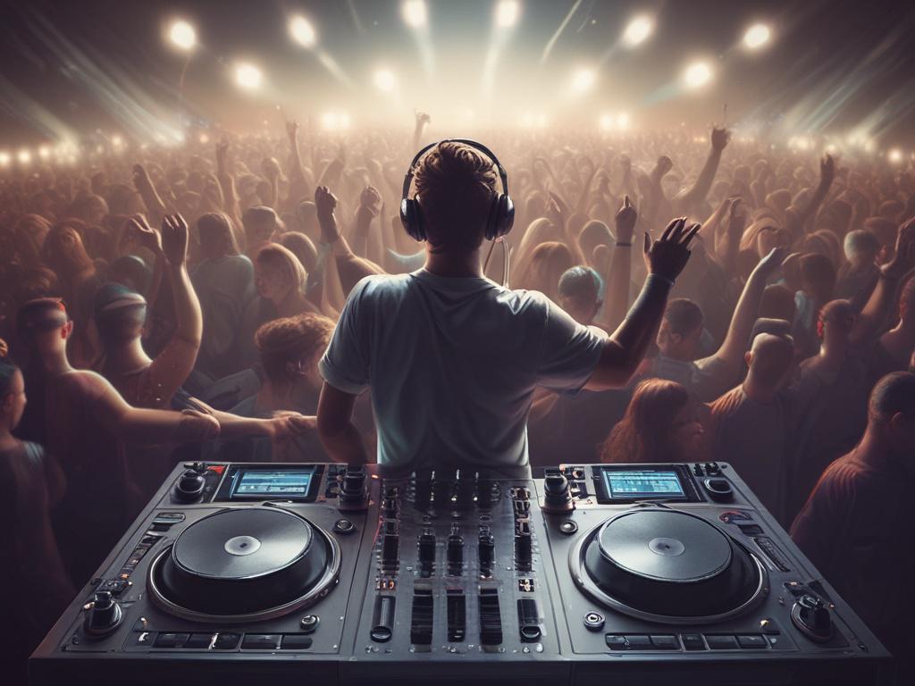 DJ performance, electronic dance music, party atmosphere, live music, crowd engagement