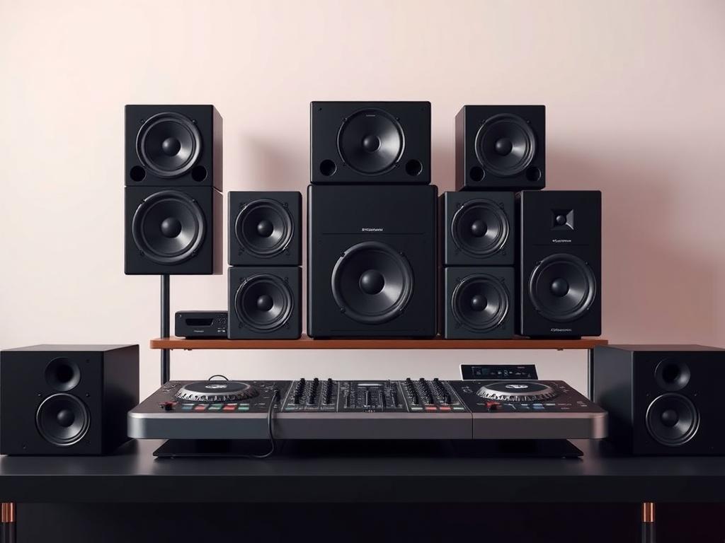 A high-resolution photo of a DJ setup featuring an array of professional speakers. The speakers should be sleek and modern, arranged neatly in a minimalistic manner. The background should be simple and uncluttered, possibly with a soft gradient in the primary color rgb(3, 125, 201). The lighting should highlight the speakers, emphasizing their design and quality. The overall composition should focus solely on the speakers, creating a clean and striking image.