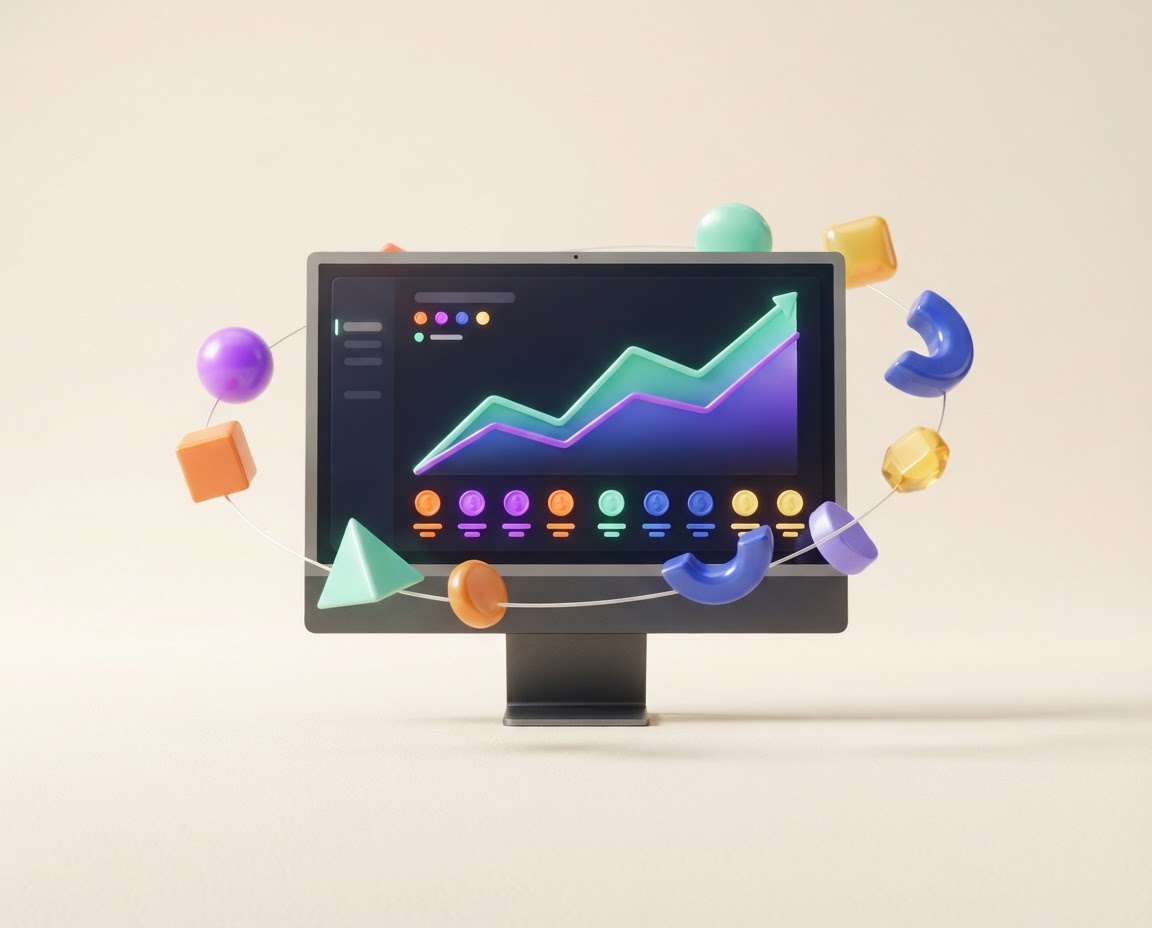 A desktop portfolio dashboard surrounded by colorful abstract crypto tokens