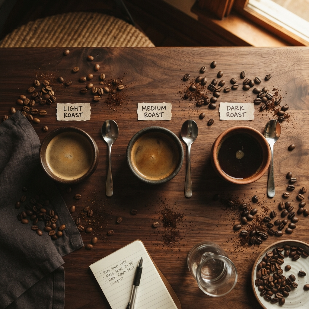Cupping table with three roasts ready for tasting