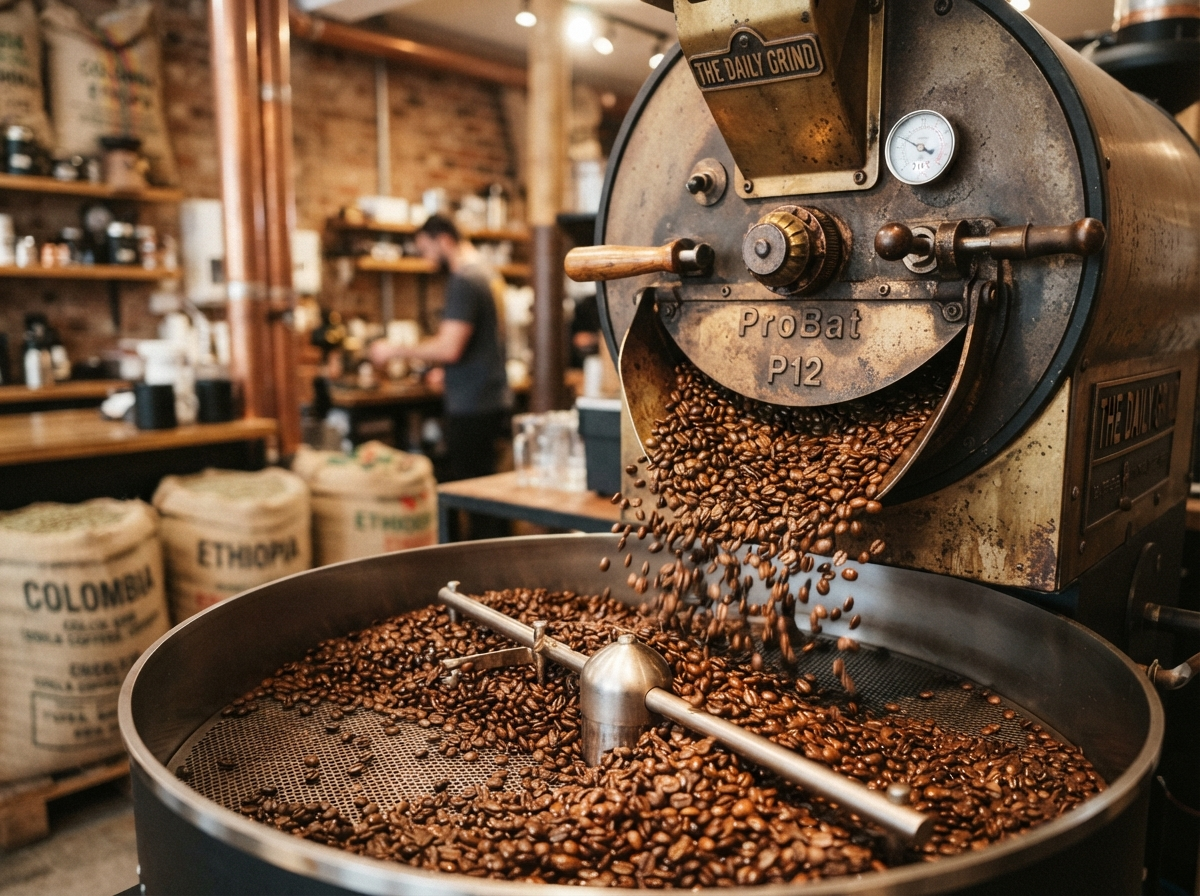 Freshly roasted beans spilling from the roast drum