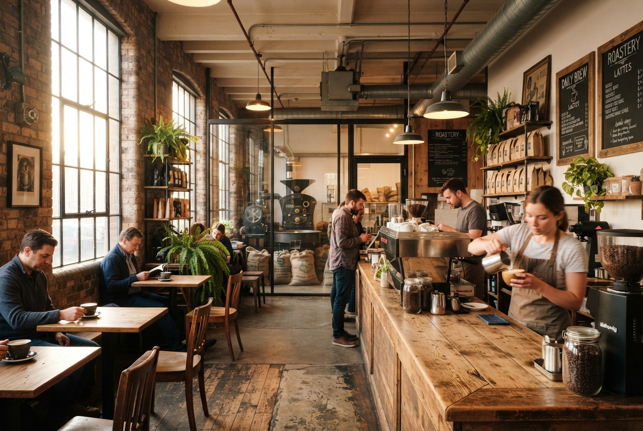 The Ember & Oak roastery café bathed in morning light