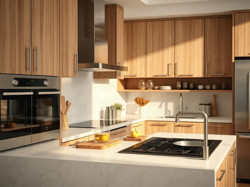 A realistic high-resolution close-up shot of a modern Italian kitchen design featuring sleek cabinetry and high-quality materials. The kitchen should have a warm and inviting atmosphere, with natural light highlighting the elegant finishes. Focus on a single cooking area with stylish appliances and a beautiful countertop. Background should be simple and unobtrusive to emphasize the kitchen's design.