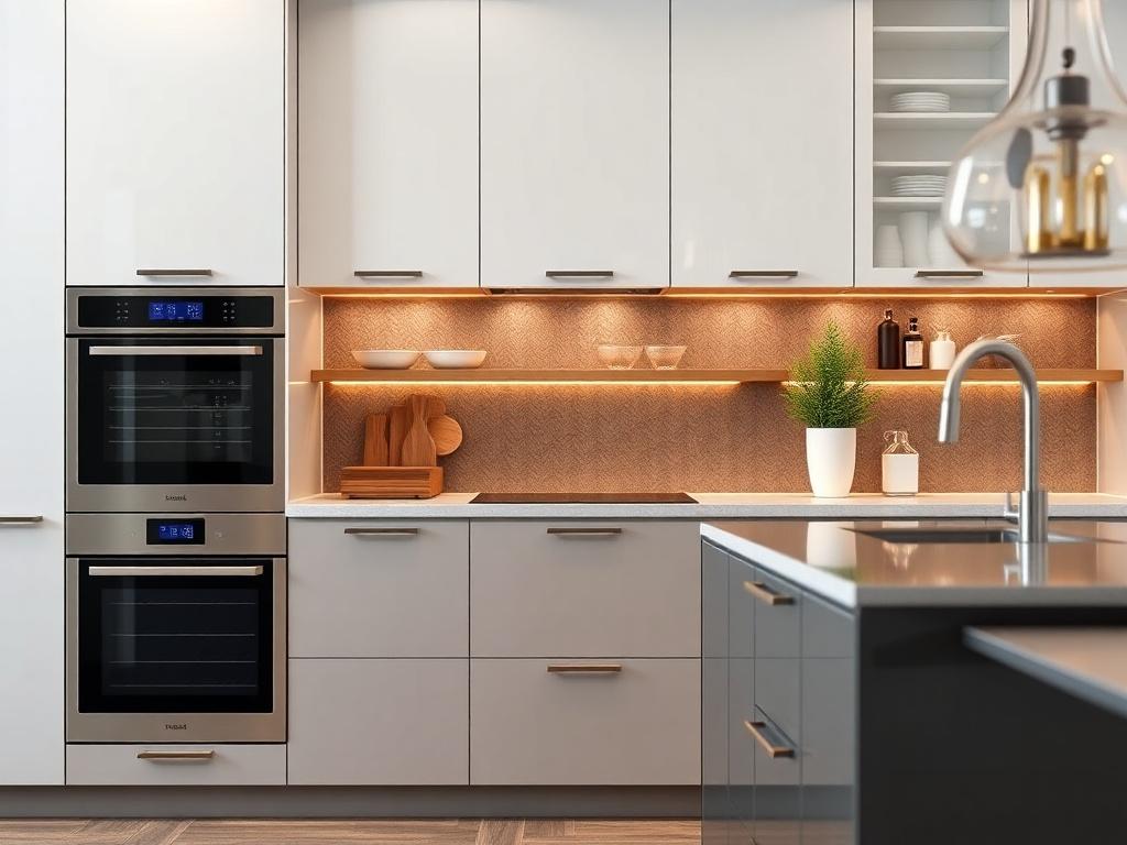 A hyper-realistic close-up image of a bespoke luxury kitchen featuring high-end appliances and innovative storage solutions. The design should reflect sophistication, showcasing customizable elements with exquisite materials and finishes. Focus on sleek cabinetry and a stylish layout that emphasizes both beauty and functionality.