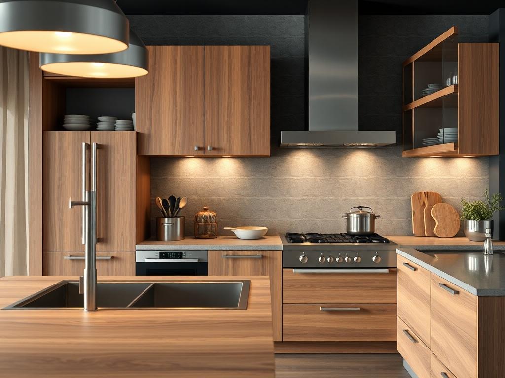 A hyper-realistic close-up image of a contemporary Italian kitchen featuring sleek lines, high-quality materials, and a mix of natural wood and polished metal finishes. The kitchen should look inviting and modern, focusing on a well-designed cooking area with elegant cabinetry and stylish appliances. The lighting should highlight the textures and colors, creating a warm and sophisticated atmosphere.