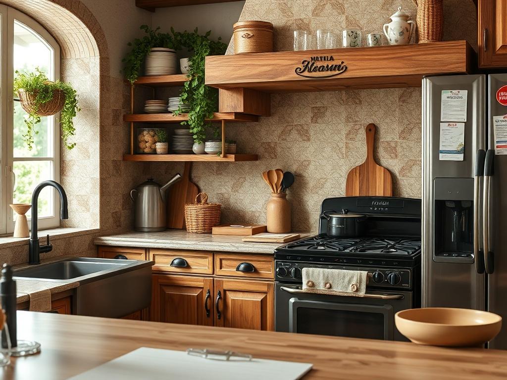 A hyper-realistic close-up image of a classic Italian kitchen featuring rustic elements and natural materials. The kitchen should showcase handcrafted details like wrought iron handles and ceramic tiles, creating a warm and inviting atmosphere. Emphasize the cozy and traditional feel, with wooden cabinetry and a classic stove as focal points.