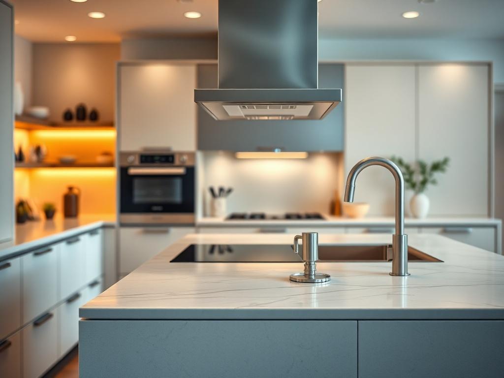 A hyper-realistic close-up shot of a beautifully designed Italian kitchen showcasing high-quality materials and elegant finishes. The image should focus on a sleek kitchen island with modern appliances, surrounded by warm lighting that enhances the inviting atmosphere. The background should be softly blurred to emphasize the kitchen's details, creating a luxurious and contemporary feel. Shot with a 45mm f/1.2 lens.