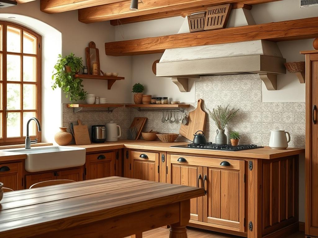 A hyper-realistic close-up shot of a rustic Italian kitchen, showcasing natural materials, solid wood finishes, and artisanal details. The kitchen should exude warmth and character, shot with a 45mm f/1.2 lens.