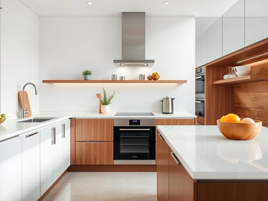 A hyper-realistic close-up shot of a minimalist Italian kitchen, featuring clean lines, smooth surfaces, and a modern aesthetic. The kitchen should embody functionality and elegance, shot with a 45mm f/1.2 lens.
