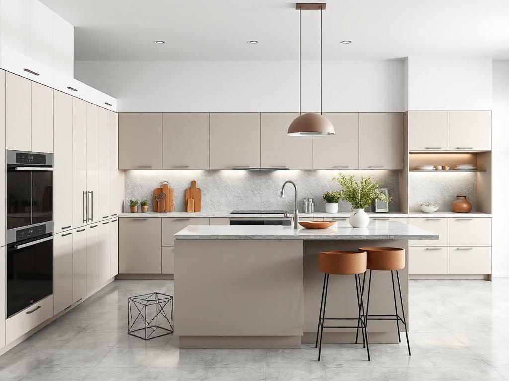 A hyper-realistic close-up shot of a contemporary Italian kitchen, featuring sleek cabinets, a stylish island with high-quality materials, and elegant finishes. The kitchen should have a minimalist design and a harmonious color palette, shot with a 45mm f/1.2 lens.