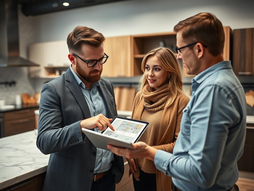 A realistic high-resolution photo of a designer consulting with a client in a stylish kitchen showroom, showcasing various kitchen designs and materials. The designer is pointing at a kitchen layout on a tablet, while the client looks engaged and interested. The background should exhibit samples of cabinetry and countertops, creating an inspiring atmosphere.