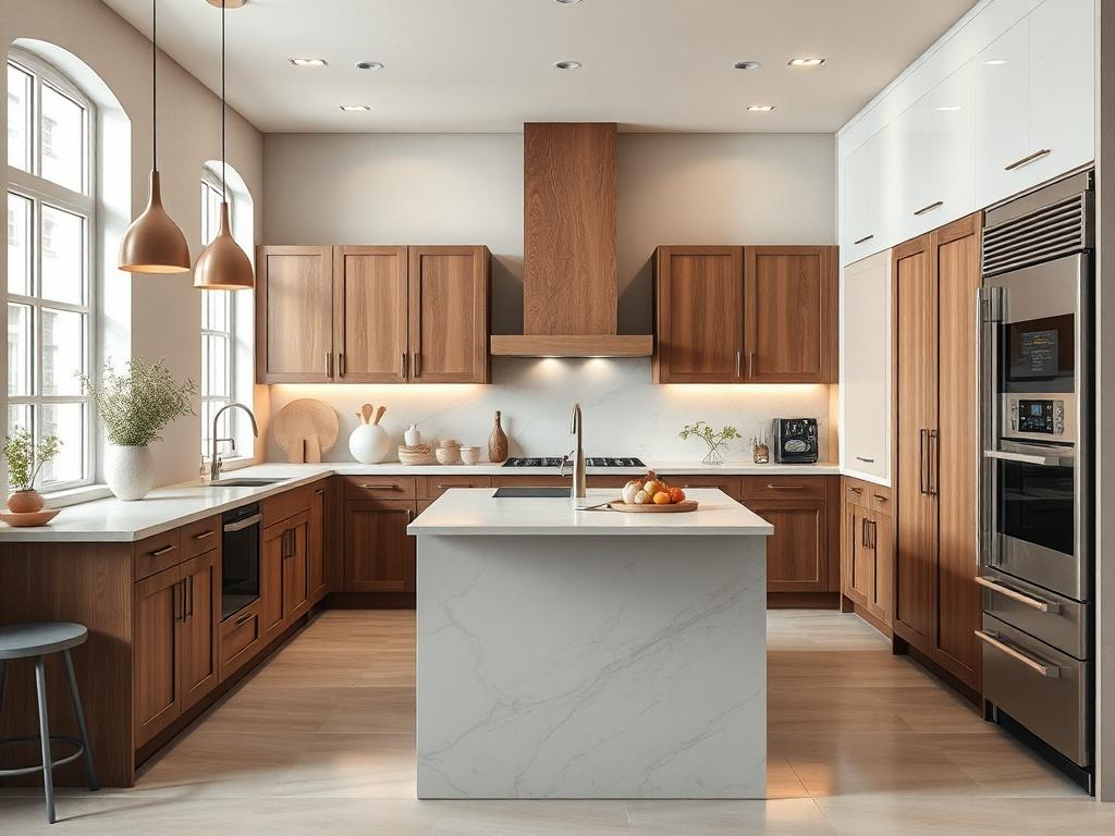 A realistic high-resolution photo of a beautifully designed custom kitchen featuring high-quality materials, elegant finishes, and a modern Italian design. The kitchen should have a warm and inviting atmosphere, with natural light illuminating the space. The composition should focus on the kitchen island, showcasing unique cabinetry and stylish appliances, all set against a neutral background.