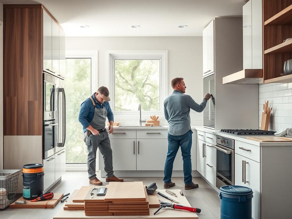 A realistic high-resolution photo of a professional team installing a kitchen in a modern home. The team should be shown carefully assembling cabinets and appliances, with tools and materials arranged neatly around them. The kitchen should feature contemporary design elements, highlighting the quality of the installation process.