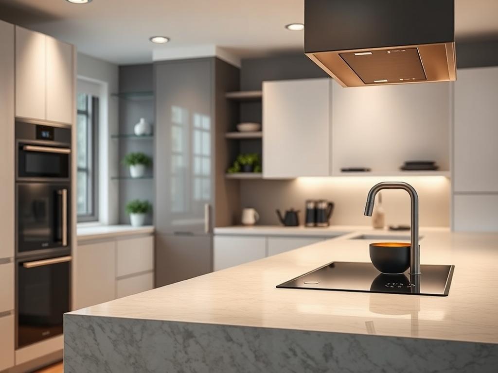 A hyper-realistic close-up shot of a contemporary Italian kitchen design featuring sleek lines and elegant finishes. The kitchen should have high-quality materials with a modern touch. The background should be a softly lit room that highlights the kitchen's features, shot with a 45mm f/1.2 lens.