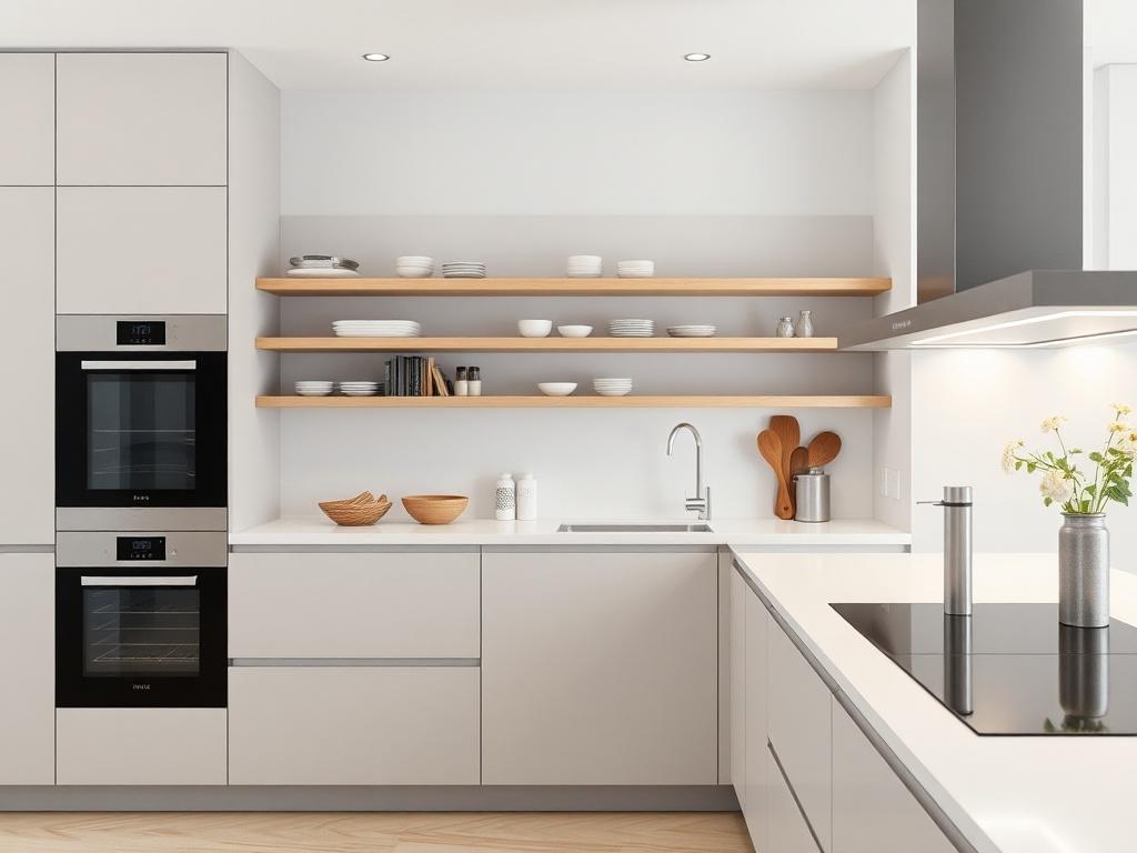 A hyper-realistic close-up shot of a minimalist Italian kitchen design featuring clear lines and neutral colors. The kitchen should showcase high-quality materials and intelligent storage solutions, creating a calm and elegant atmosphere. The background should be simple and uncluttered, shot with a 45mm f/1.2 lens.