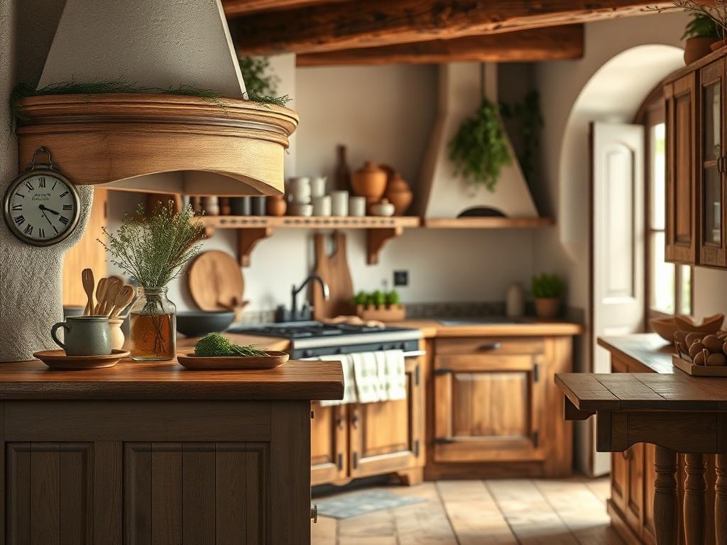 A hyper-realistic close-up shot of a rustic traditional Italian kitchen showcasing natural wood materials and artisanal finishes. The kitchen should exude warmth and charm, with a cozy atmosphere. The background should be softly lit to enhance the inviting feel of the kitchen, shot with a 45mm f/1.2 lens.