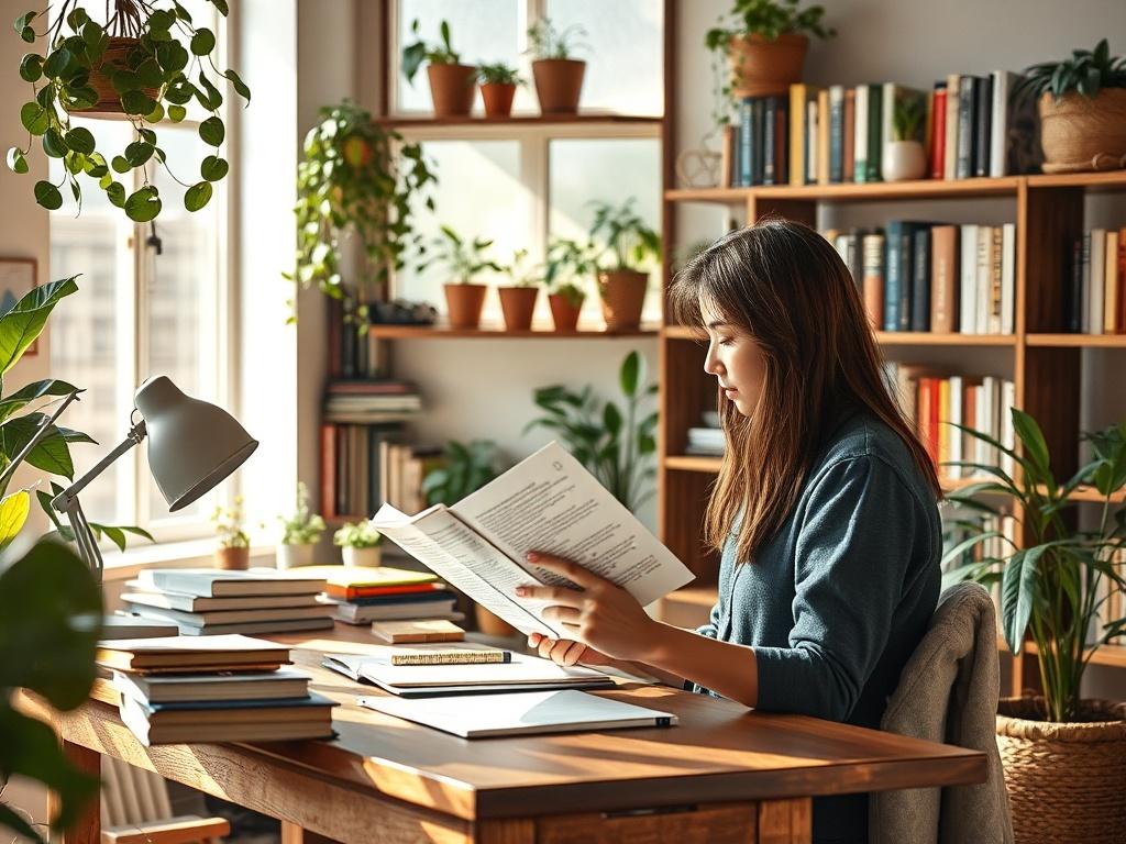 A person sitting at a cozy desk, reading an informative