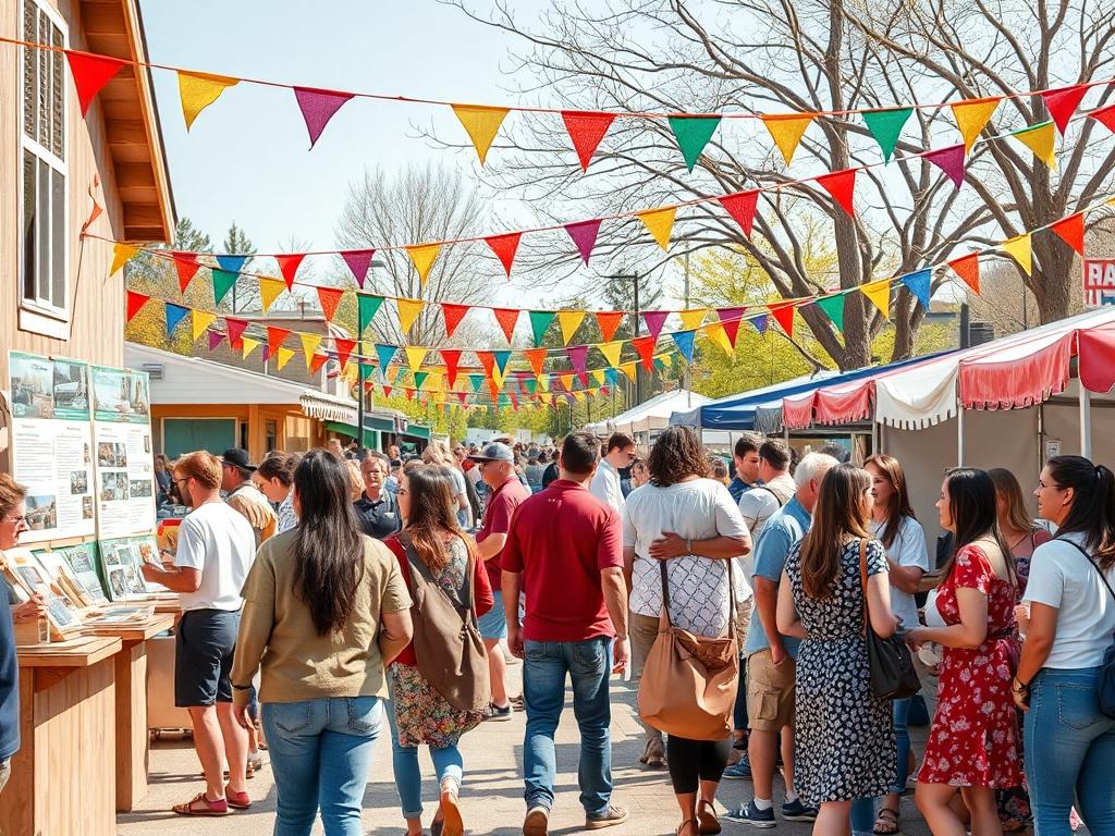 A lively community event in a local outdoor space, featuring