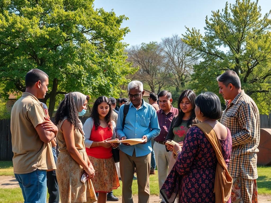 A diverse group of people gathered outdoors in a park,