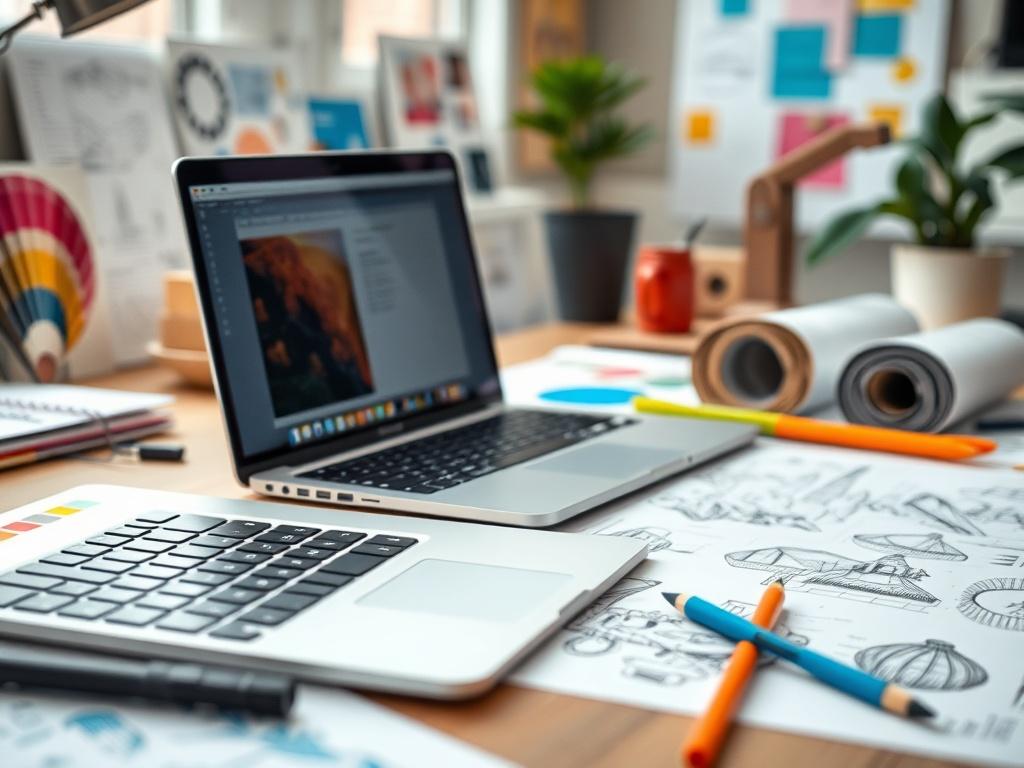 A hyper realistic, close up shot of a designer's workspace