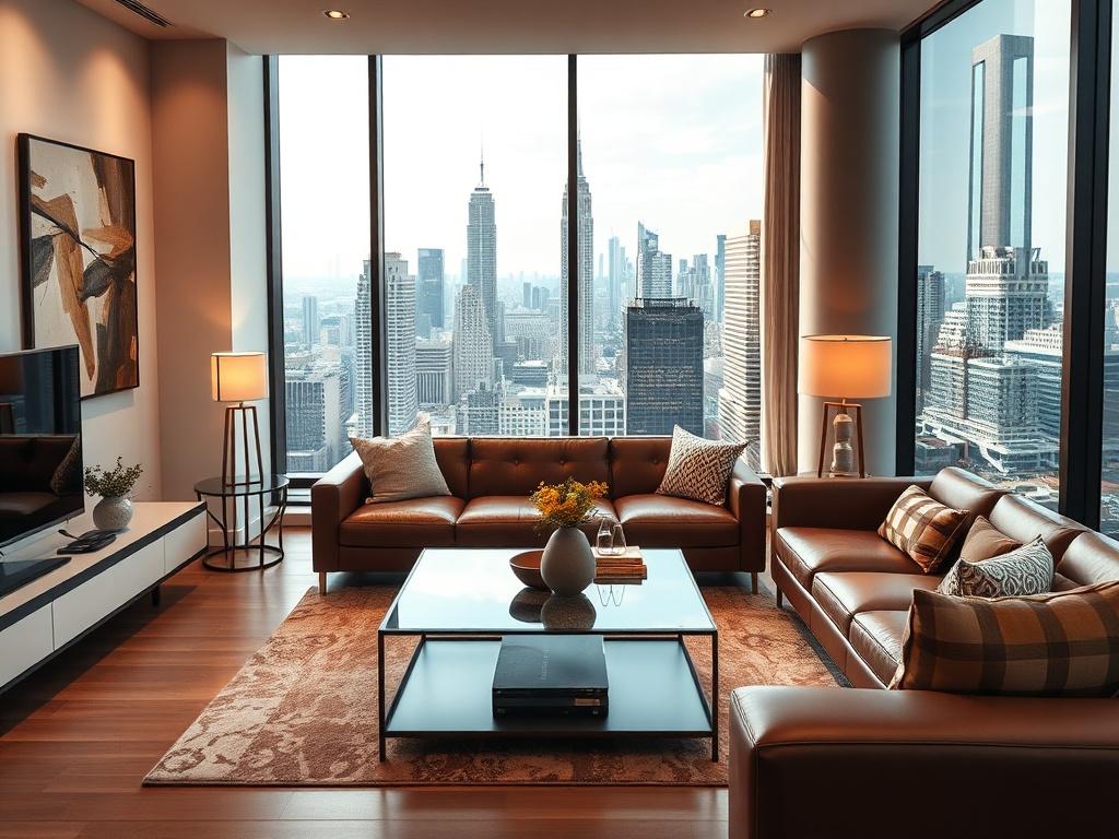 Create a realistic high-resolution photo that depicts the unique housing needs of business executives. The composition should be simple and clear, focusing on a single subject: a modern, elegantly furnished corporate apartment living room, capturing the essence of executive housing. The living room should feature sophisticated design elements, such as a sleek leather sofa, a glass coffee table, and tasteful decor like abstract art on the walls. 

In the background, large windows should flood the space with 