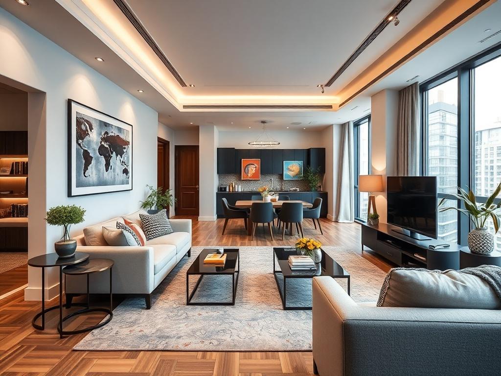 A hyper-realistic close-up shot of a beautifully designed corporate apartment, showcasing a modern living area with American-themed decor. The space should be well-lit, featuring elegant furniture, tasteful art on the walls, and a welcoming ambiance. The background should be slightly blurred to emphasize the details of the room, shot with a 45mm f/1.2 lens.